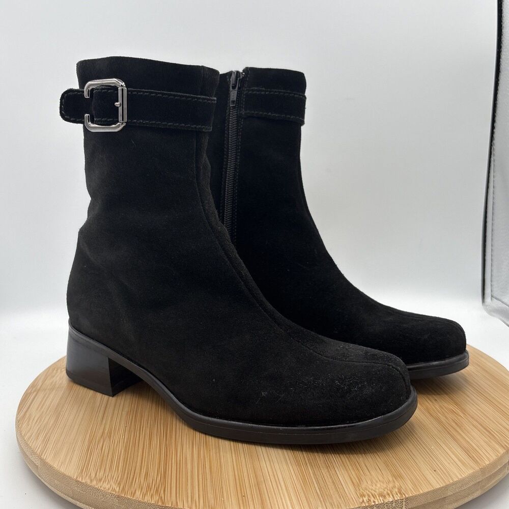 La Canadienne Black Suede Ankle Boots Side Zip Buckle Block Heel Women's 7 M